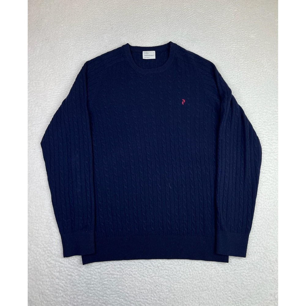 Peak Performance Sweater Mens Large Blue 100% Lambswool Cable Knit Lander C
